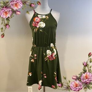 High neck halter sleeveless floral‎ mini dress